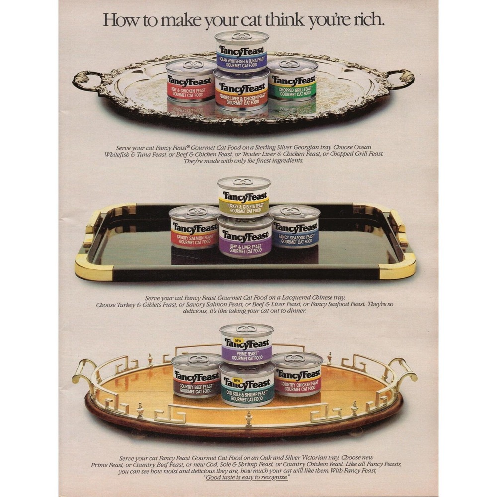 Fancy Feast Gourmet Cat Food Luxury Serving Trays Vintage Print Ad 1986